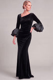 Navy Mermaid Asymmetrical Neck Puff Sleeves Ruched Long Mother of the Bride Dress