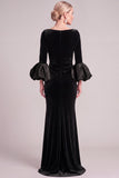 Navy Mermaid Asymmetrical Neck Puff Sleeves Ruched Long Mother of the Bride Dress