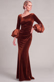 Navy Mermaid Asymmetrical Neck Puff Sleeves Ruched Long Mother of the Bride Dress