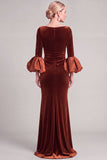 Navy Mermaid Asymmetrical Neck Puff Sleeves Ruched Long Mother of the Bride Dress