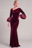 Navy Mermaid Asymmetrical Neck Puff Sleeves Ruched Long Mother of the Bride Dress