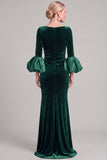 Navy Mermaid Asymmetrical Neck Puff Sleeves Ruched Long Mother of the Bride Dress