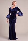 Navy Mermaid Asymmetrical Neck Puff Sleeves Ruched Long Mother of the Bride Dress