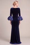 Navy Mermaid Asymmetrical Neck Puff Sleeves Ruched Long Mother of the Bride Dress