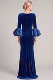 Navy Mermaid Asymmetrical Neck Puff Sleeves Ruched Long Mother of the Bride Dress
