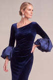 Navy Mermaid Asymmetrical Neck Puff Sleeves Ruched Long Mother of the Bride Dress