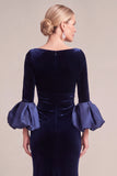Navy Mermaid Asymmetrical Neck Puff Sleeves Ruched Long Mother of the Bride Dress