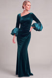 Navy Mermaid Asymmetrical Neck Puff Sleeves Ruched Long Mother of the Bride Dress