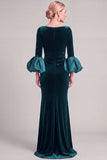 Navy Mermaid Asymmetrical Neck Puff Sleeves Ruched Long Mother of the Bride Dress
