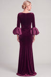 Navy Mermaid Asymmetrical Neck Puff Sleeves Ruched Long Mother of the Bride Dress
