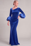 Navy Mermaid Asymmetrical Neck Puff Sleeves Ruched Long Mother of the Bride Dress