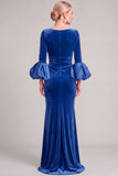 Navy Mermaid Asymmetrical Neck Puff Sleeves Ruched Long Mother of the Bride Dress