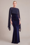 Navy Velvet Mermaid Boat Neck Ruched Long Mother of the Bride Dress with Cape