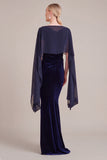 Navy Velvet Mermaid Boat Neck Ruched Long Mother of the Bride Dress with Cape
