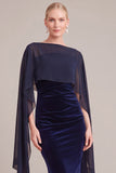 Navy Velvet Mermaid Boat Neck Ruched Long Mother of the Bride Dress with Cape
