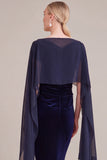 Navy Velvet Mermaid Boat Neck Ruched Long Mother of the Bride Dress with Cape