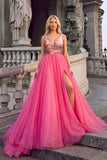 Pink Sparkly Sequins A-Line V-Neck Maxi Prom Dress with Slit