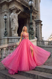 Pink Sparkly Sequins A-Line V-Neck Maxi Prom Dress with Slit