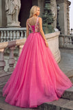 Pink Sparkly Sequins A-Line V-Neck Maxi Prom Dress with Slit
