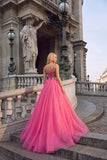 Pink Sparkly Sequins A-Line V-Neck Maxi Prom Dress with Slit