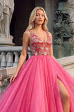 Pink Sparkly Sequins A-Line V-Neck Maxi Prom Dress with Slit