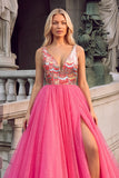 Pink Sparkly Sequins A-Line V-Neck Maxi Prom Dress with Slit