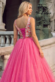Pink Sparkly Sequins A-Line V-Neck Maxi Prom Dress with Slit