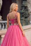 Pink Sparkly Sequins A-Line V-Neck Maxi Prom Dress with Slit