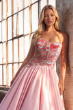 Pink Sparkly Sequins Strapless A-Line Long Prom Dress