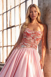 Pink Sparkly Sequins Strapless A-Line Long Prom Dress