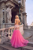 Sparkly Pink Mermaid Halter Maxi Prom Dress with Sequins