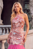 Sparkly Pink Mermaid Halter Maxi Prom Dress with Sequins