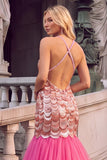 Sparkly Pink Mermaid Halter Maxi Prom Dress with Sequins
