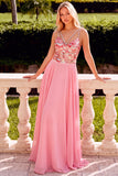 Sparkly Sequins Pink A-Line V-Neck Chiffon Maxi Prom Dress with Rhinestone