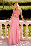 Sparkly Sequins Pink A-Line V-Neck Chiffon Maxi Prom Dress with Rhinestone
