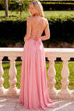 Sparkly Sequins Pink A-Line V-Neck Chiffon Maxi Prom Dress with Rhinestone