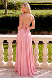 Sparkly Sequins Pink A-Line V-Neck Chiffon Maxi Prom Dress with Rhinestone