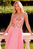 Sparkly Sequins Pink A-Line V-Neck Chiffon Maxi Prom Dress with Rhinestone