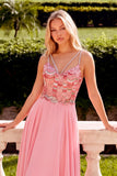 Sparkly Sequins Pink A-Line V-Neck Chiffon Maxi Prom Dress with Rhinestone