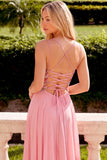 Sparkly Sequins Pink A-Line V-Neck Chiffon Maxi Prom Dress with Rhinestone