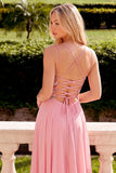Sparkly Sequins Pink A-Line V-Neck Chiffon Maxi Prom Dress with Rhinestone