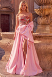 Sparkly Pink A-Line Strapless Sequins Maxi Prom Dress with Bow