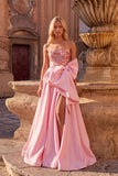 Sparkly Pink A-Line Strapless Sequins Maxi Prom Dress with Bow