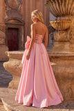Sparkly Pink A-Line Strapless Sequins Maxi Prom Dress with Bow