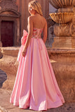 Sparkly Pink A-Line Strapless Sequins Maxi Prom Dress with Bow