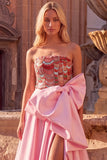 Sparkly Pink A-Line Strapless Sequins Maxi Prom Dress with Bow