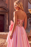 Sparkly Pink A-Line Strapless Sequins Maxi Prom Dress with Bow