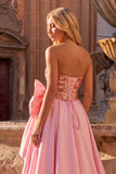 Sparkly Pink A-Line Strapless Sequins Maxi Prom Dress with Bow