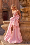 Sparkly Pink A-Line Strapless Sequins Maxi Prom Dress with Bow