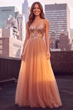 Golden Sparkly A-Line Strapless Tulle Maxi Prom Dress with Mirror